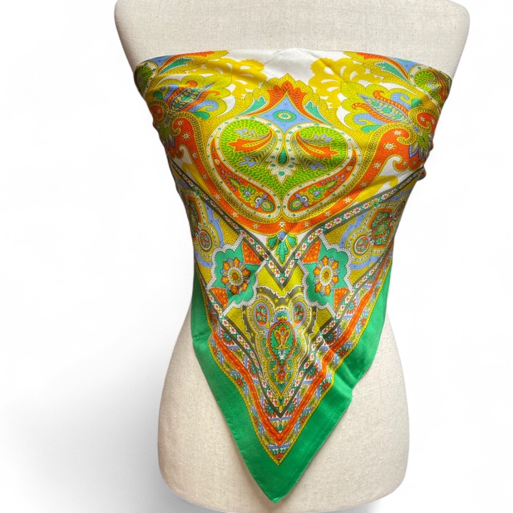 Vintage Liberty of London‎ All Silk Green Yellow Paisley Print 27x27 Retro Scarf